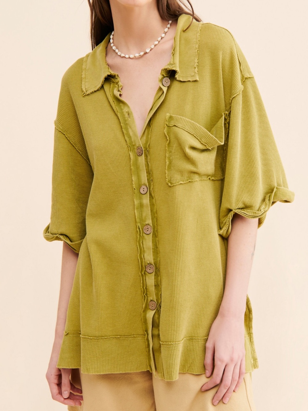 We the free Green Coastline Waffle Knit Oversized Button Down Top Sz Large Boho